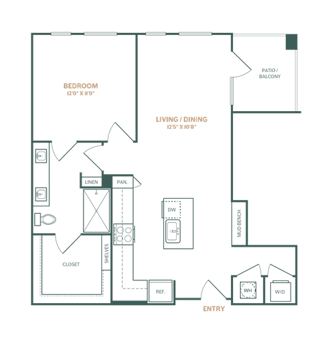 Floor plan for 1 bed, 1 bath, 826 sqft